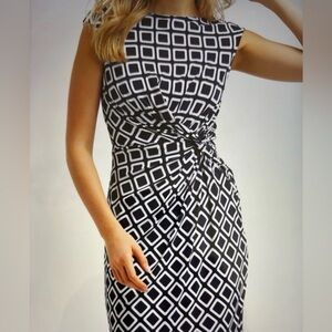 Lauren Ralph Lauren Grey & White Geometric Knot-Waist Midi Dress Size 0